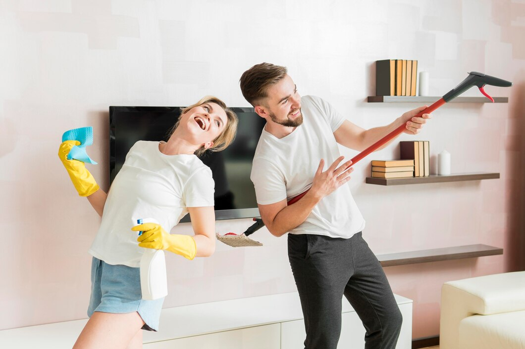 Couple cleaning with cleaning supplies