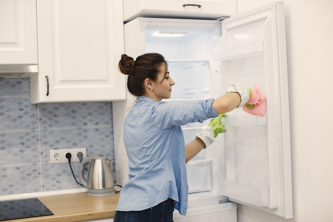 Woman cleaning refrigerator